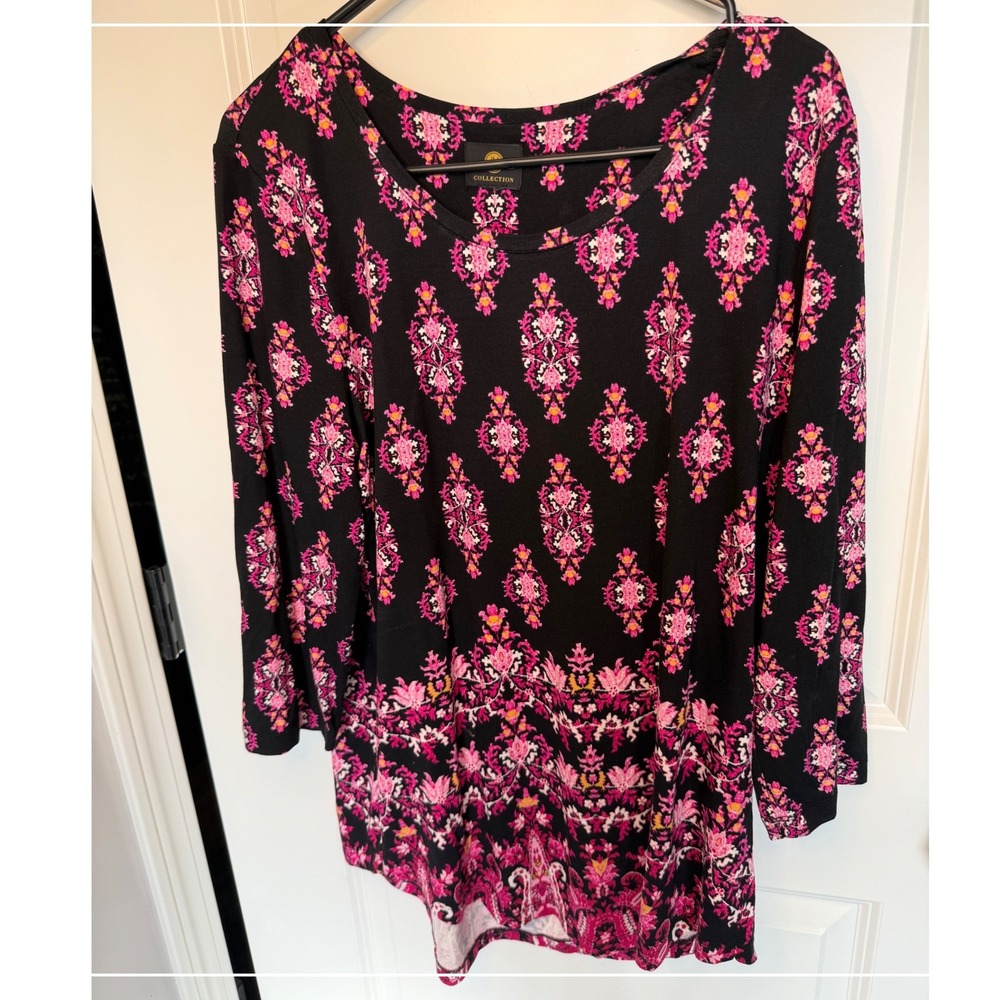 JM Collection Womens Black Pink Medallion Print 3/4 Sleeve Scoop Neck Tunic Top